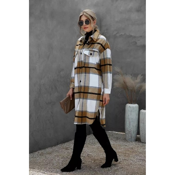 LAST ONE! Plus Size Brown Khaki Turn Down Collar Plaid Jacket - Picture 5 of 6